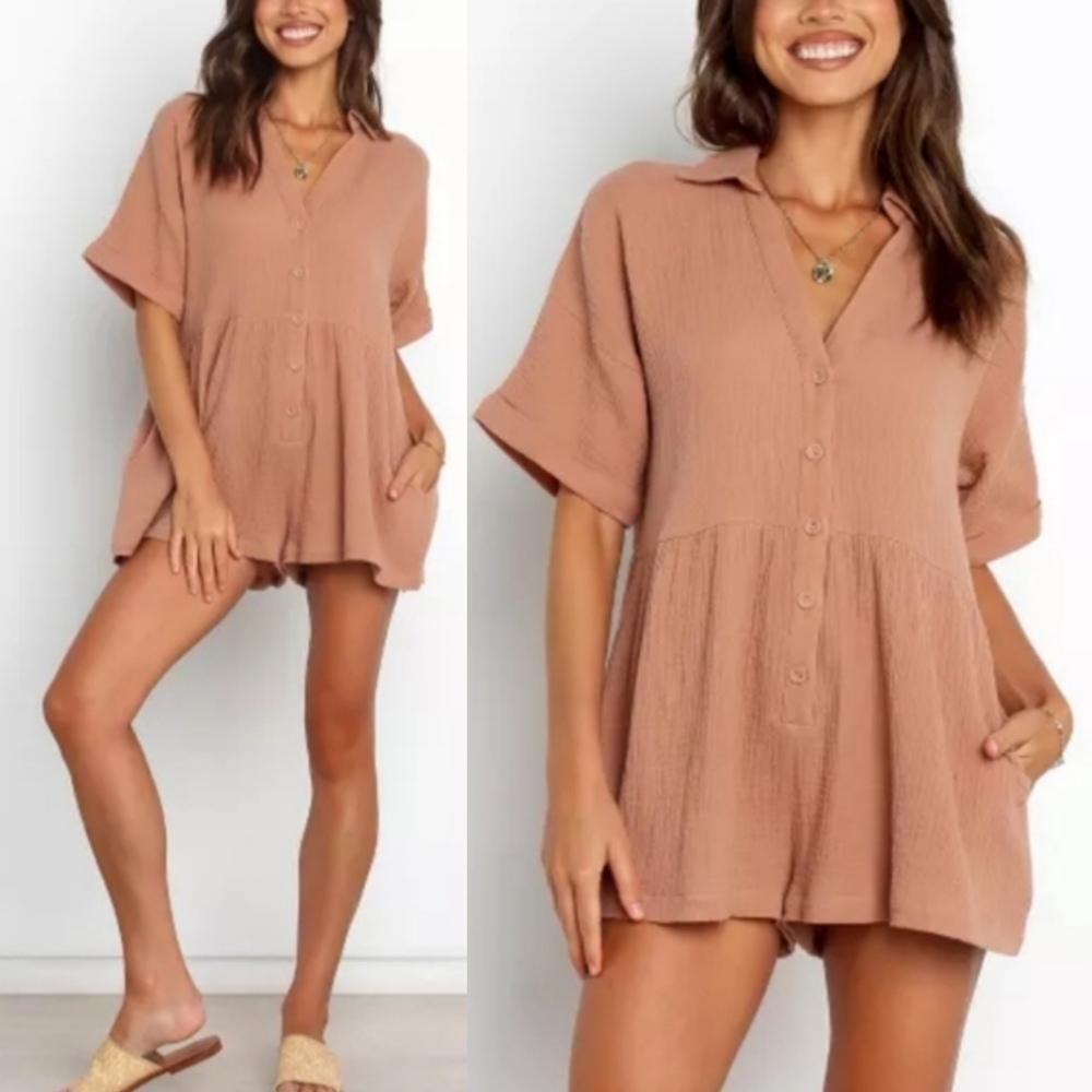 Petal & Pup Mauve Pink Textured Button Romper